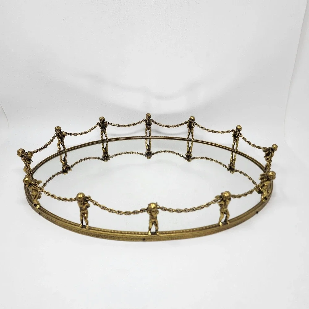 Vtg Globe 24K Gold Plated 12-Cherub Mirrored Vanity Tray Oval Ornate Putti Chain